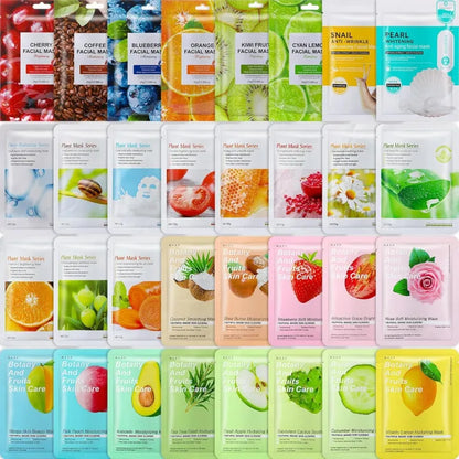 Pack of 10 Fruit Plant Extract Moisturizing Brighten Facial Sheet MaskS Hydrating, Radiance Boost, Calming, Skin Care Sheet Masks